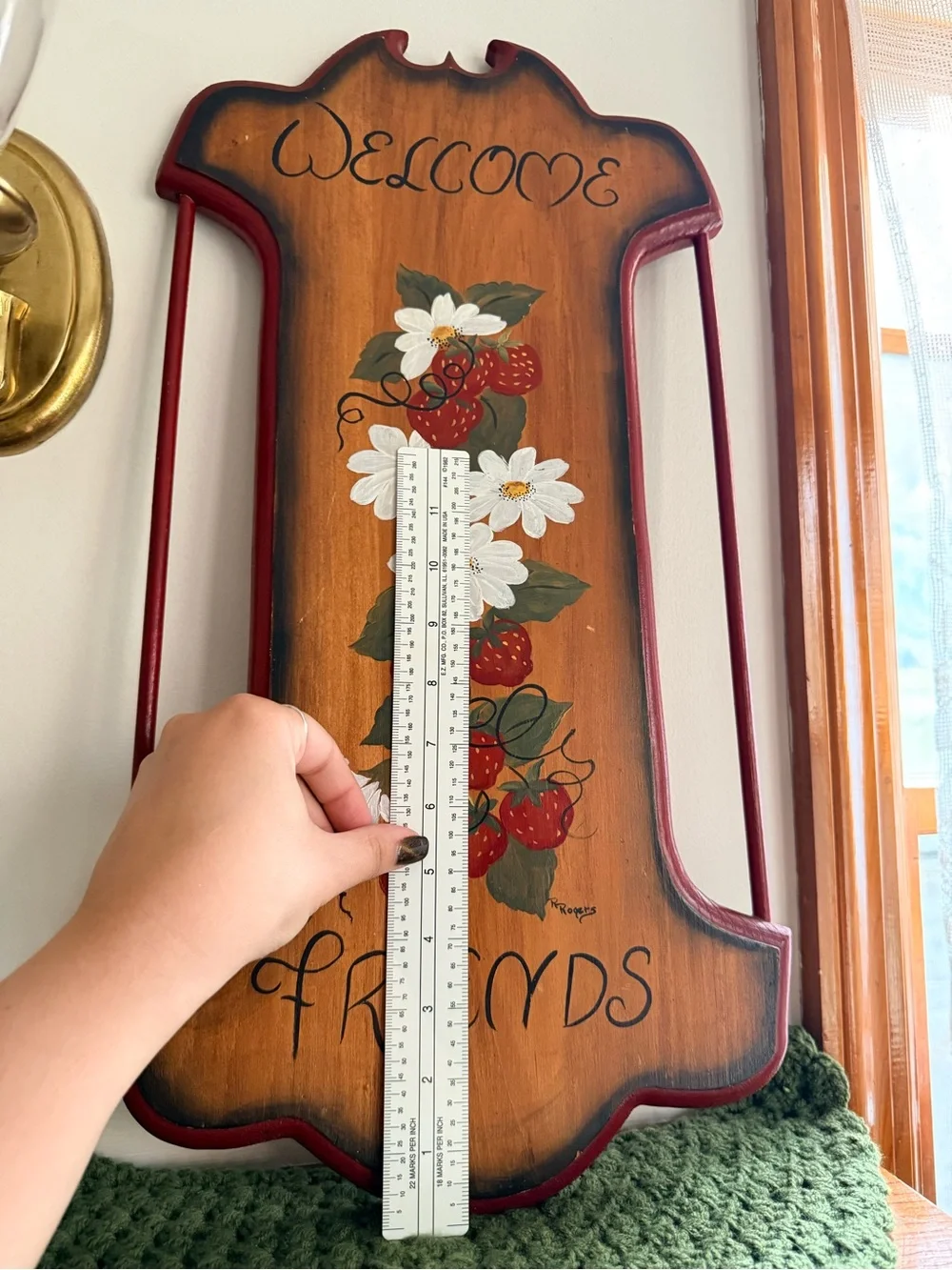 Welcome Friends Wooden Wall Sign - Red and Brown with Strawberries
